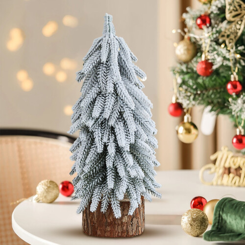 Flocked tabletop Christmas tree set with wood base 3-pack 2