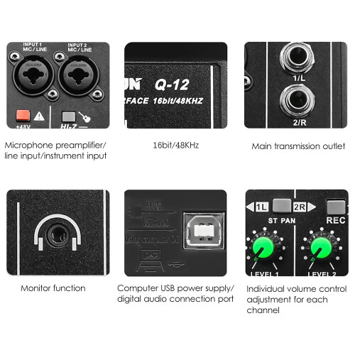 OWSOO Audio Interface 2-in/2-out 48kHz 48V Phantom Power 2