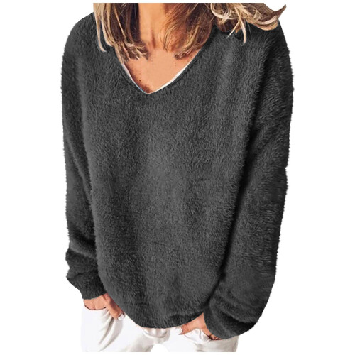 Dames plus size effen V-hals fleece sweatshirt donkergrijs M 1