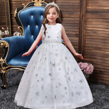 Girls Princess Dress White Snowflake Net Long Sleeveless