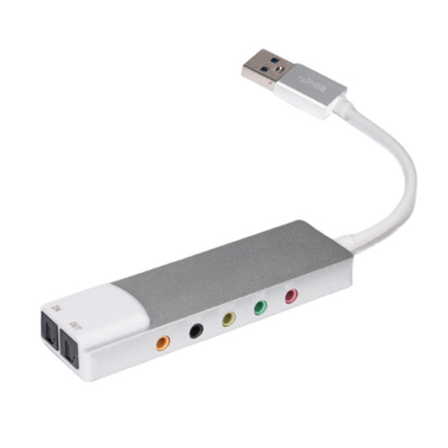 Placa de som externa USB com corpo em alumínio e som surround 5.1/7.1