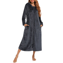 Women's Flannel Robe Long Sleeve Hooded Zippered S-2XL