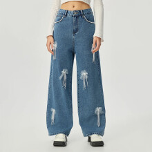 Damen-Retro-Jeans mit Perlenspitze, hohem Bund und geradem Bein