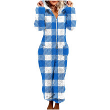 Damskie, polarowe, kratkowane body z kapturem i stopami, niebieskie, rozmiar S-2XL