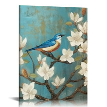 Poster mit Blumen, Vögeln und Astmotiven, blau-golden, 12 x 16 Zoll