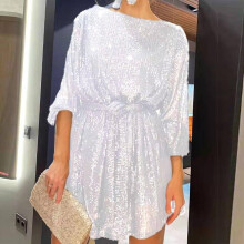 Vestido de verano para mujer, blanco, manga larga, encaje con lentejuelas