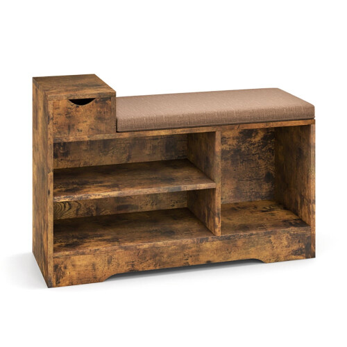 Banc à chaussures d'entrée avec rangement, marron rustique, 1 tiroir, 3