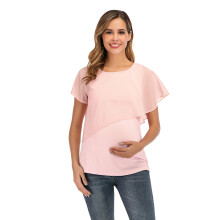 Camiseta de amamentação feminina de manga curta com dupla camada rosa