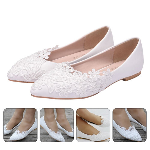 Witte bruidsballerina's met kant voor dames 2
