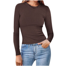 Top slim fit pentru femei, cu guler rotund, cu mânecă lungă - culoare uni