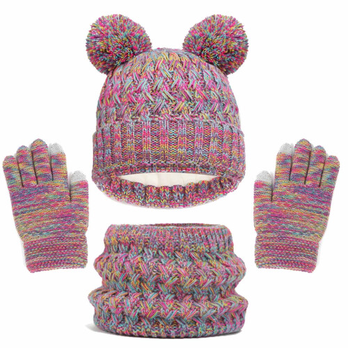 Kinderwintermuts, handschoenen en sjaal set met pompon