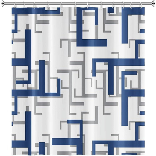Geometrisk duschdraperi Vit Blå Grå 180x225 cm 2