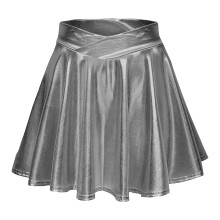 Damen-Skaterrock mit hohem Bund, Metallic-Optik, Falten, Grau, Größe M