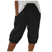 Pantaloni capri da donna casual tinta unita con elastico in vita e