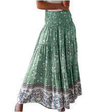 Jupe longue bohème fleurie verte taille haute pour femme, taille XXL