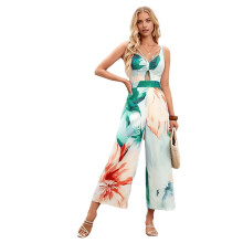 Mono de mujer naranja con escote en V y pernera ancha estampado, talla M
