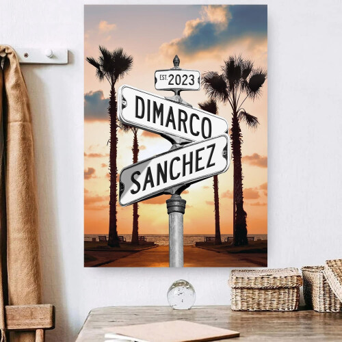 Pôster em tela personalizado com nome do casal e data da placa de encruzilhada 1