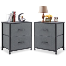 Nightstand Set of 2 Grey Fabric-Drawer Side Tables