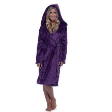 Women's fluffy solid long sleeve hooded bathrobe with
