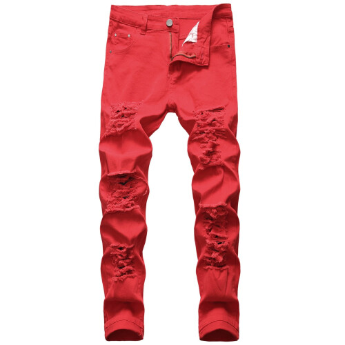 Calça jeans masculina branca de algodão, reta e rasgada, comprimento total.