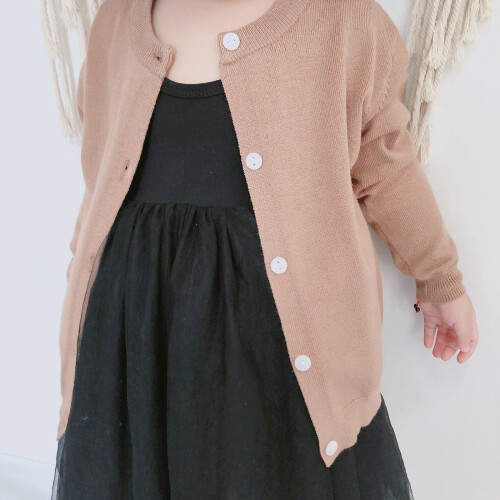 Mädchen-Strickjacke, langärmeliger Knopfmantel, kaffeebraun