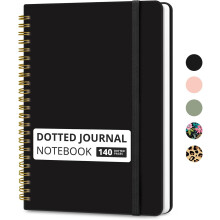 Cuaderno de espiral con puntos, tamaño A5, negro, 140 páginas