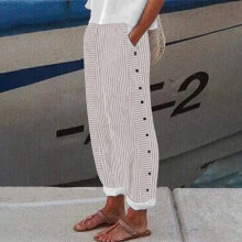 Pantaloni da casa da donna in lino a vita alta a righe color kaki