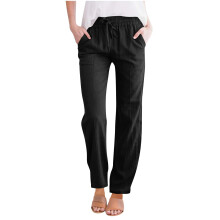 Pantaloni da donna in cotone e lino a gamba dritta, neri, taglia 3XL