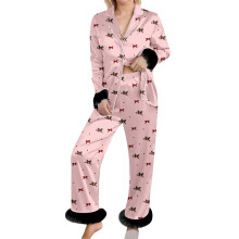 Conjunto de pijama feminino de flanela com estampa de laço, manga comprida, 2 peças.