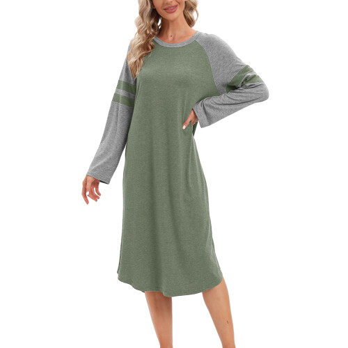 Camicia da notte da donna a maniche lunghe, verde, lunghezza al polpaccio, morbida e ampia.