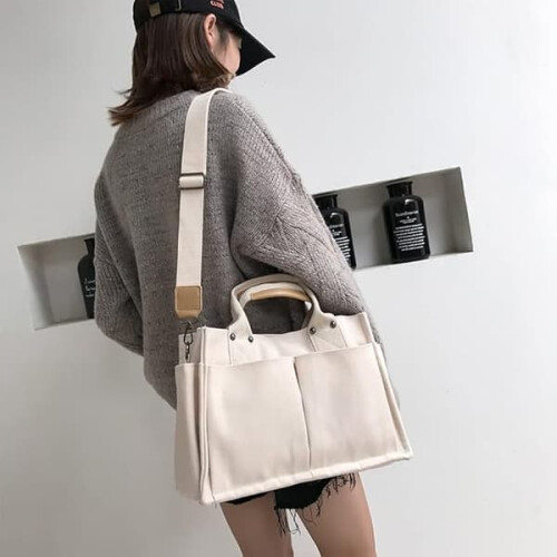Canvas tote bag with multiple pockets and adjustable strap 2