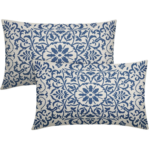 Μαξιλαροθήκες σε ανοιχτό μπλε χρώμα Boho από λινό, σετ 2 τεμαχίων, 12x20 εκ.
