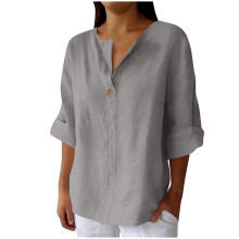 Camisa de lino para mujer, verano, manga 3/4, cuello en V, tipo túnica.