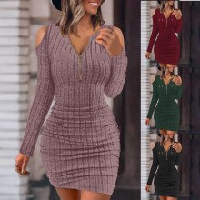 Γυναικείο ροζ φόρεμα με μακριά μανίκια και λαιμόκοψη V, λεπτό, κοντό, εφαρμοστό