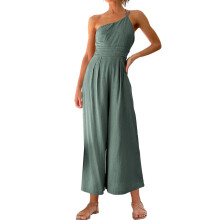 Grøn sommerjumpsuit med én skulder og lommer til kvinder