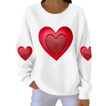 Damen-Sweatshirt mit Herzmotiv zum Valentinstag, gerippt, Rundhalsausschnitt, lang