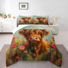 Highland Cow King Sengetæppesæt Rustik Blågrøn Brun1Dyne2