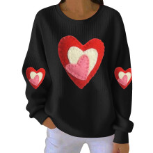Damen-Sweatshirt mit Herzmotiv zum Valentinstag, gerippt, Rundhalsausschnitt, lang
