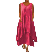 Robe d'été sans manches double épaisseur en coton et lin pour femme