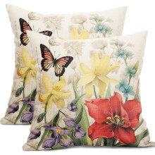 Ensemble de housses de coussin à motifs papillons et fleurs en coton et lin, 50 x 50 cm