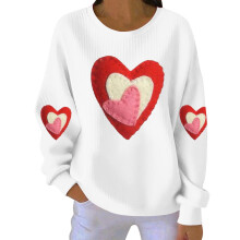 Damen-Sweatshirt mit Herzmotiv zum Valentinstag, gerippt, Rundhalsausschnitt, lang