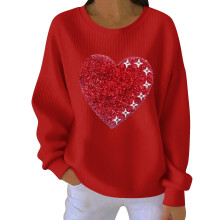 Damen-Sweatshirt mit Herzmotiv zum Valentinstag, gerippt, Rundhalsausschnitt, lang