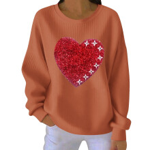 Damen-Sweatshirt mit Herzmotiv zum Valentinstag, gerippt, Rundhalsausschnitt, lang