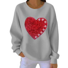 Damen-Sweatshirt mit Herzmotiv zum Valentinstag, gerippt, Rundhalsausschnitt, lang