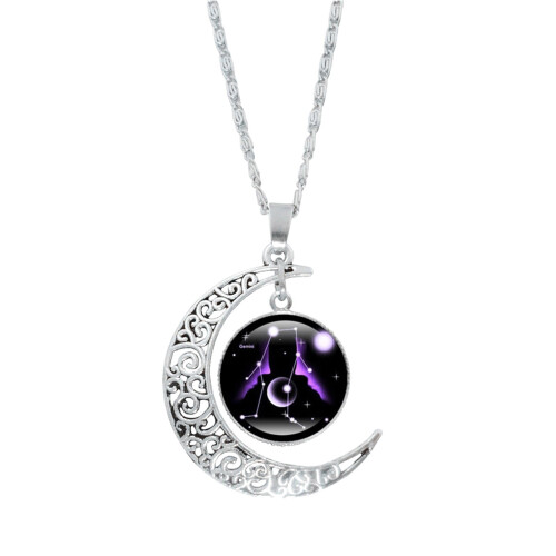 Constellation Gem Necklace Silver Moon Pendant
