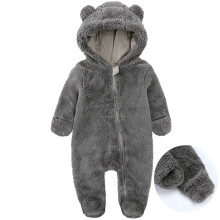 Pijama pentru copii mici, salopetă caldă cu glugă, din fleece coral, gri închis
