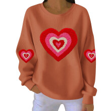 Damen-Sweatshirt mit Herzmotiv zum Valentinstag, gerippt, Rundhalsausschnitt, lang