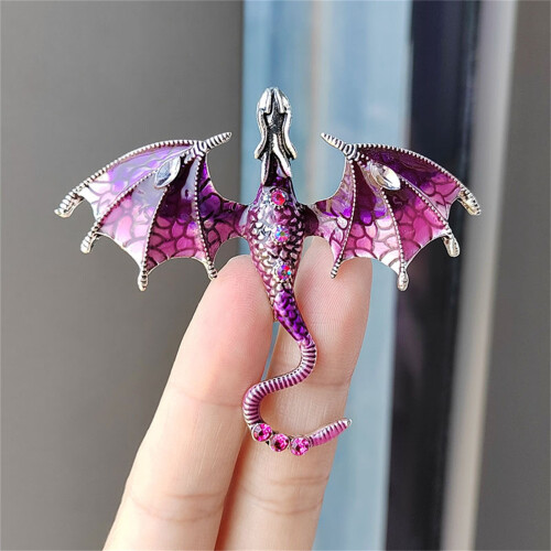 Broșă dragon emailată vintage cu strasuri violet