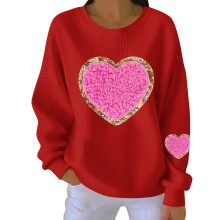 Damen-Sweatshirt mit Herzmotiv zum Valentinstag, gerippt, Rundhalsausschnitt, lang