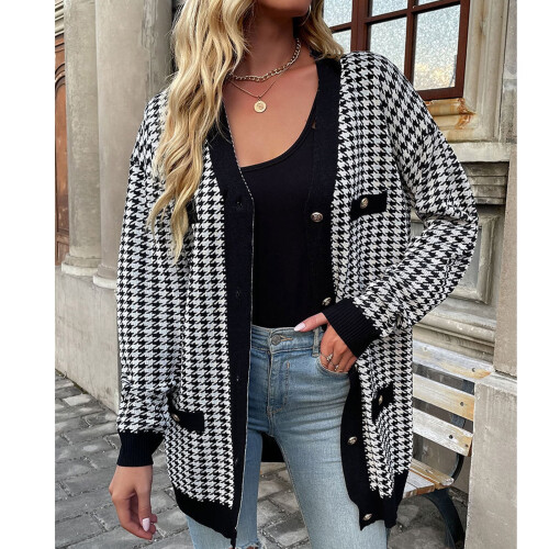 Γυναικεία Ζακέτα Houndstooth με V λαιμόκοψη, μεσαίο μήκος, μαύρη 1